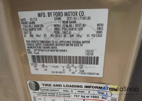 2013 Ford F-150 Xlt из США, поврежденный, VIN 1FTFW1CF5DFB15551